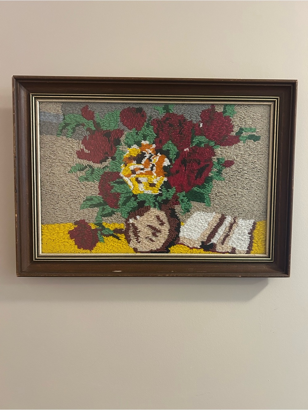 Vintage Hand-Beaded Floral Still Life – Framed Seed Bead Art – 21” x 15”